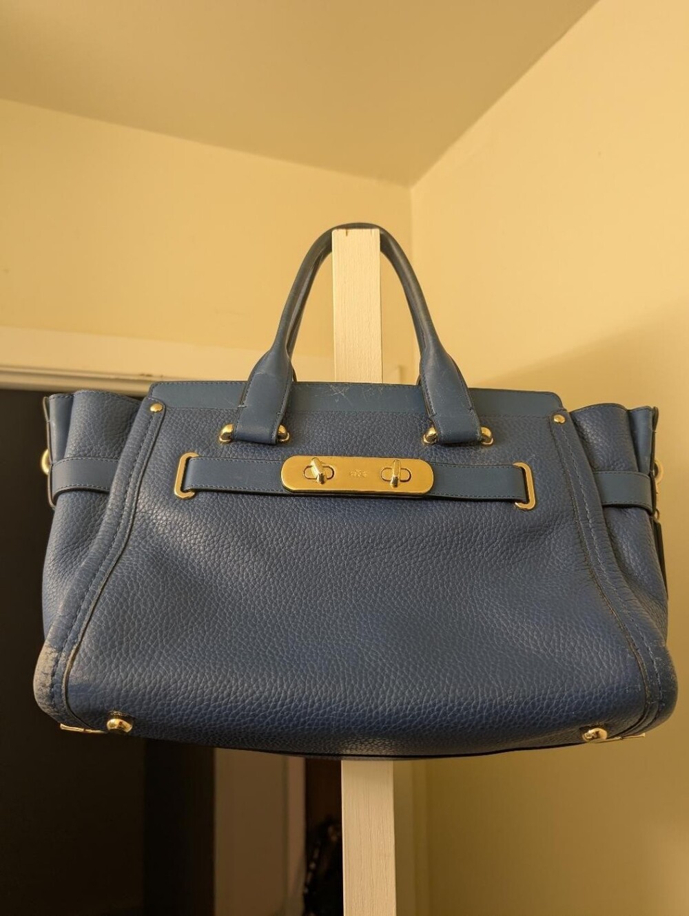Coach Swagger 27 Carryall Pebbled Leather Blue Handbag Crossbody Strap - Picture 10 of 16